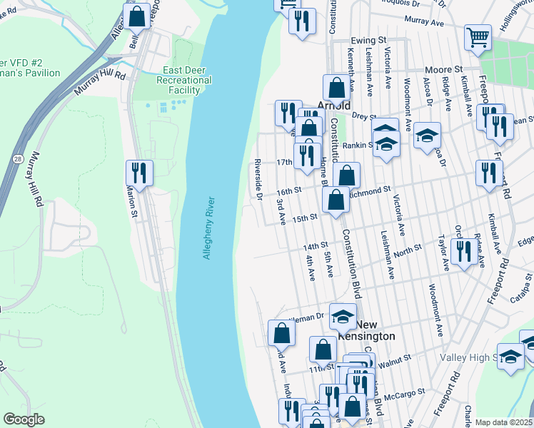 map of restaurants, bars, coffee shops, grocery stores, and more near 1514 Riverside Drive in New Kensington