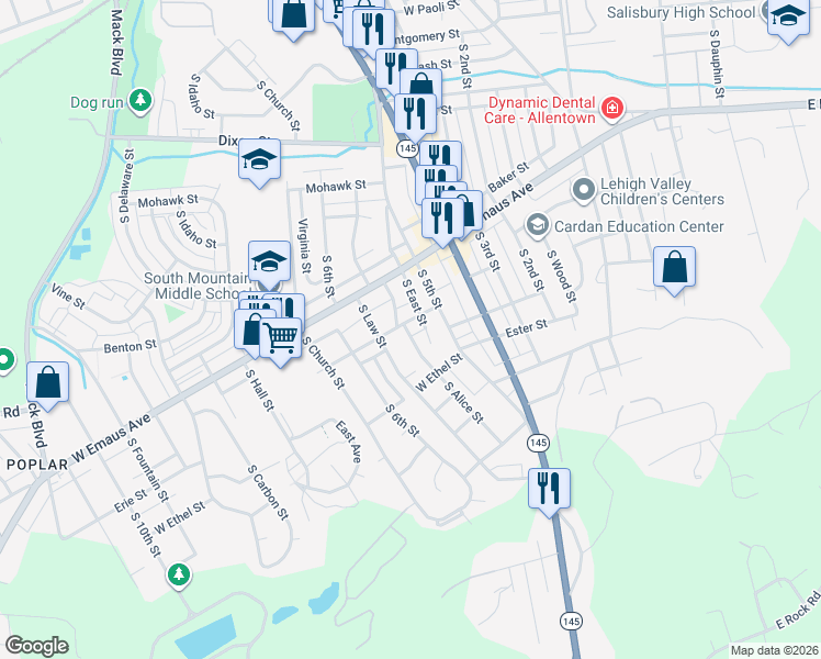 map of restaurants, bars, coffee shops, grocery stores, and more near 532 West Euclid Street in Allentown