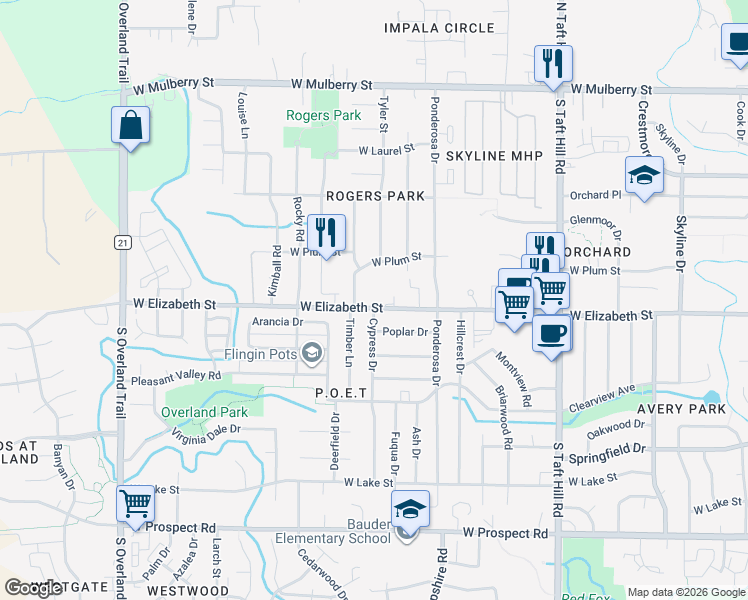 map of restaurants, bars, coffee shops, grocery stores, and more near 2510 West Elizabeth Street in Fort Collins