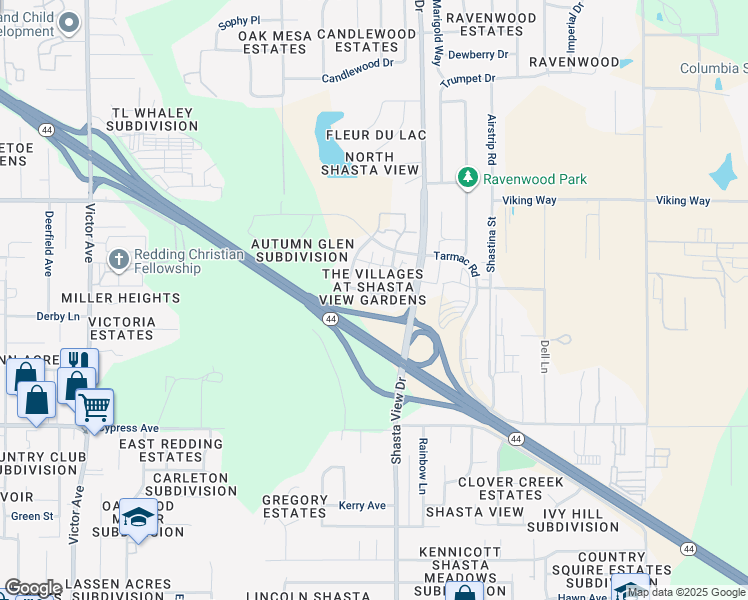 map of restaurants, bars, coffee shops, grocery stores, and more near 2333 Shining Star Way in Redding