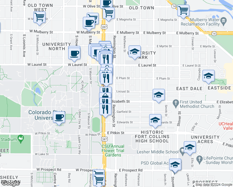 map of restaurants, bars, coffee shops, grocery stores, and more near 902 Remington Street in Fort Collins