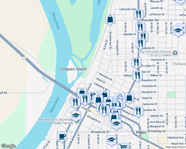 map of restaurants, bars, coffee shops, grocery stores, and more near 129 State Street in Pekin
