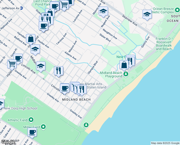 map of restaurants, bars, coffee shops, grocery stores, and more near 569 Hunter Avenue in Staten Island