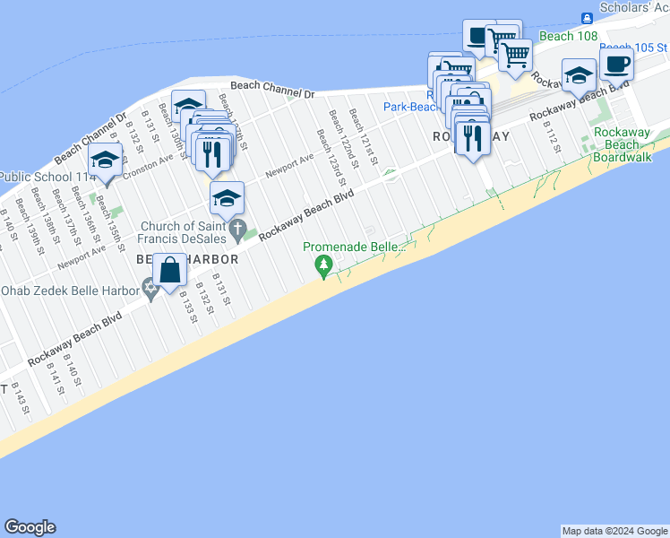 map of restaurants, bars, coffee shops, grocery stores, and more near 125-2 Ocean Promenade Belle Harbor in Queens