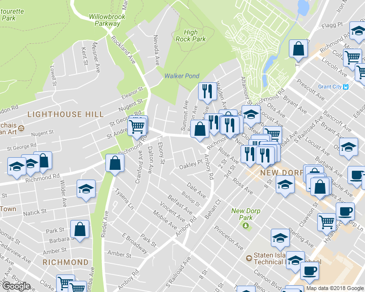 map of restaurants, bars, coffee shops, grocery stores, and more near 25 Grace Road in Staten Island