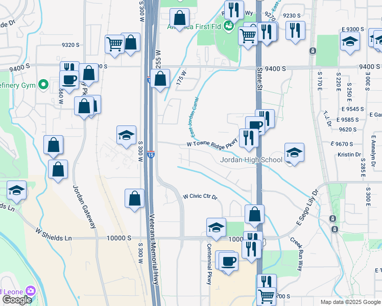 map of restaurants, bars, coffee shops, grocery stores, and more near 180 Albion Village Way in Sandy