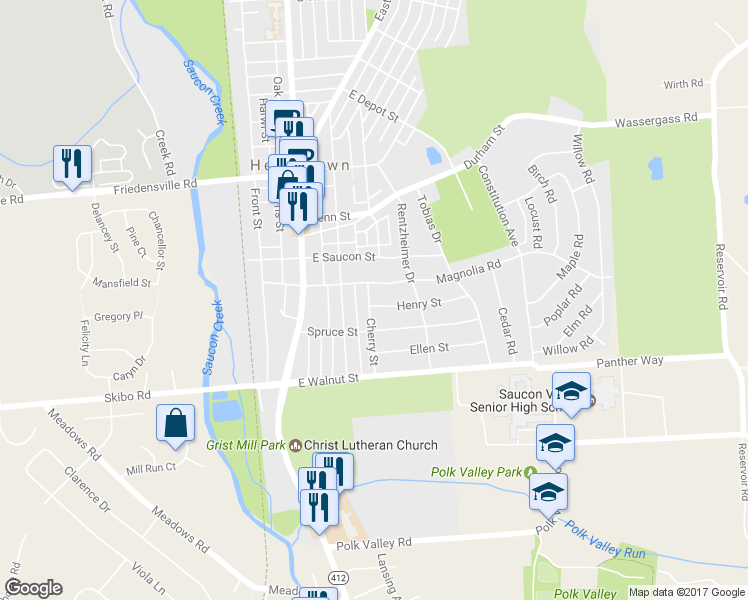 map of restaurants, bars, coffee shops, grocery stores, and more near 301 Henry Street in Hellertown