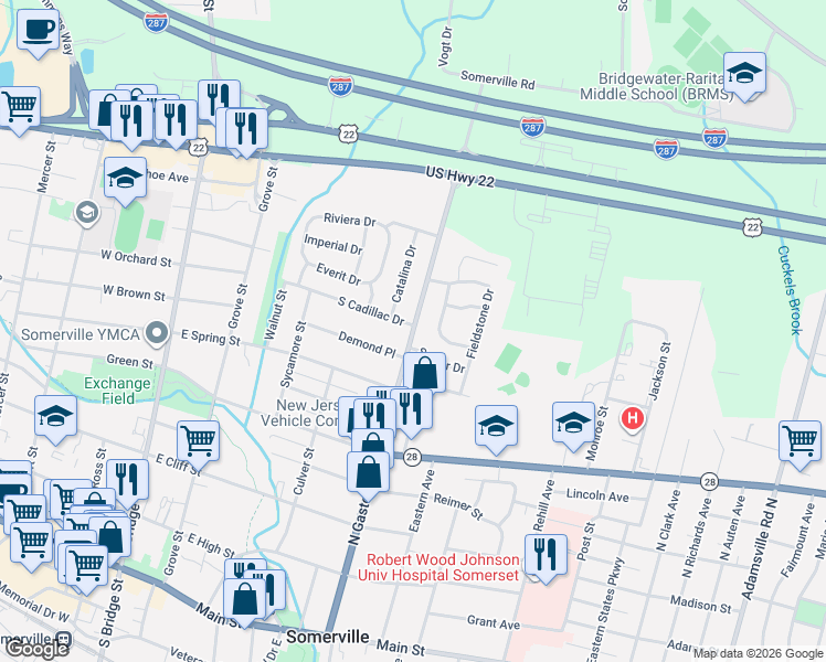 map of restaurants, bars, coffee shops, grocery stores, and more near 249 North Gaston Avenue in Somerville