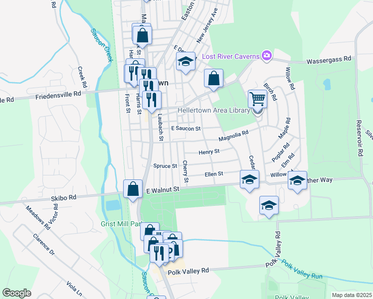 map of restaurants, bars, coffee shops, grocery stores, and more near 301 Henry Street in Hellertown