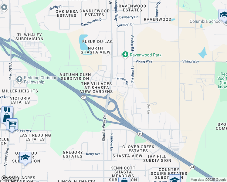 map of restaurants, bars, coffee shops, grocery stores, and more near 2125 Shasta View Drive in Redding