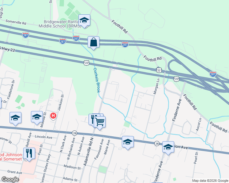 map of restaurants, bars, coffee shops, grocery stores, and more near 57 Chelsea Way in Bridgewater Township