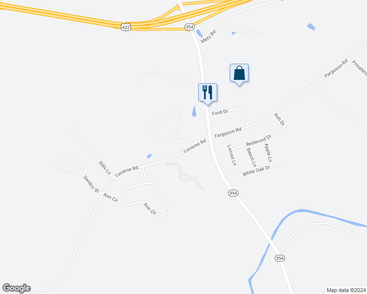 map of restaurants, bars, coffee shops, grocery stores, and more near 4879 Lucerne Road in Indiana
