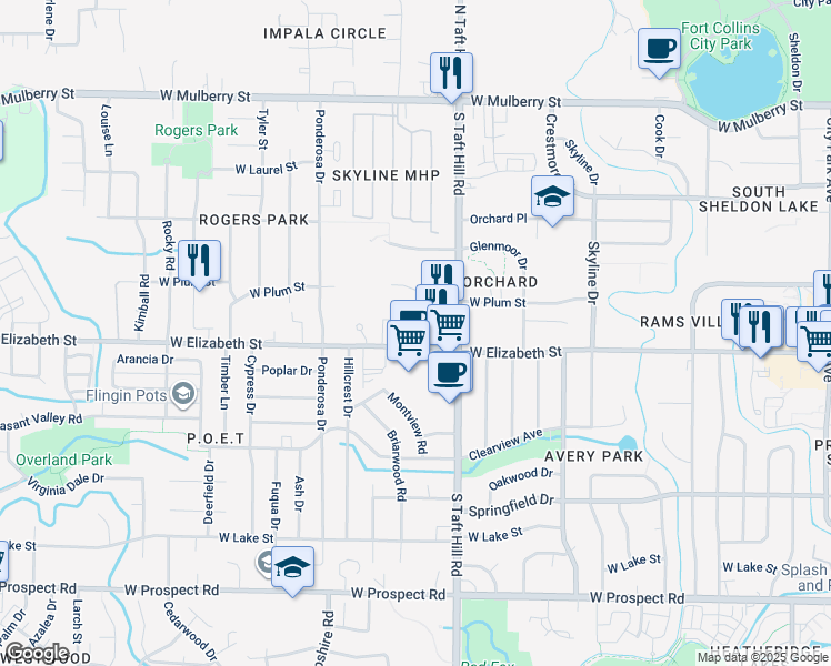 map of restaurants, bars, coffee shops, grocery stores, and more near 2140 West Elizabeth Street in Fort Collins