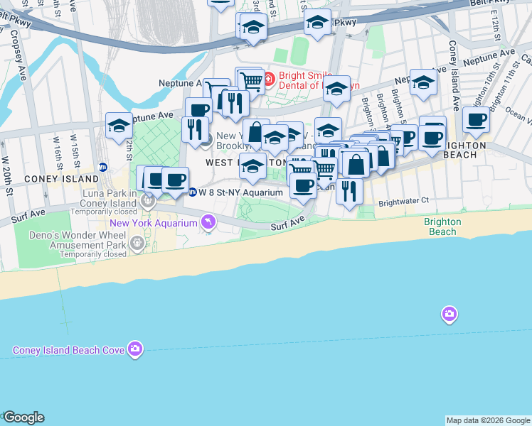 map of restaurants, bars, coffee shops, grocery stores, and more near 302 Sea Breeze Avenue in Brooklyn