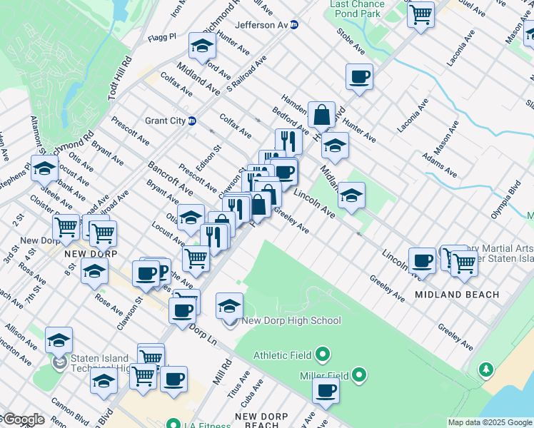 map of restaurants, bars, coffee shops, grocery stores, and more near 11 Maplewood Place in Staten Island