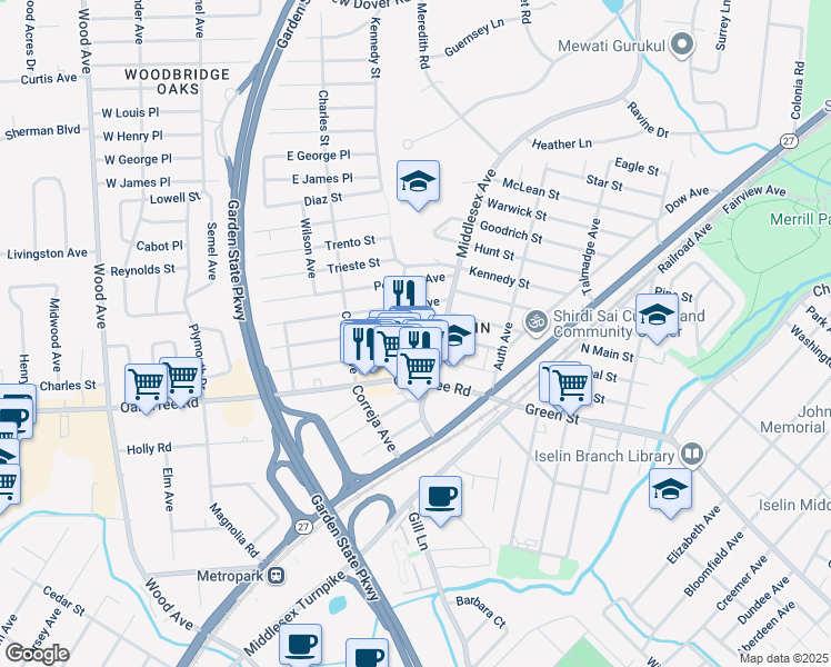 map of restaurants, bars, coffee shops, grocery stores, and more near 25 Sonora Avenue in Woodbridge Township