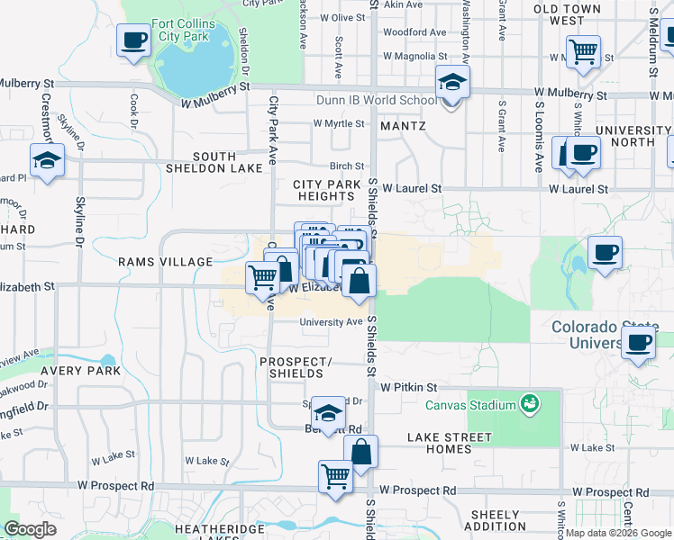 map of restaurants, bars, coffee shops, grocery stores, and more near 1208 West Elizabeth Street in Fort Collins