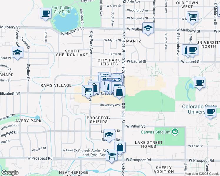 map of restaurants, bars, coffee shops, grocery stores, and more near 1208 West Elizabeth Street in Fort Collins