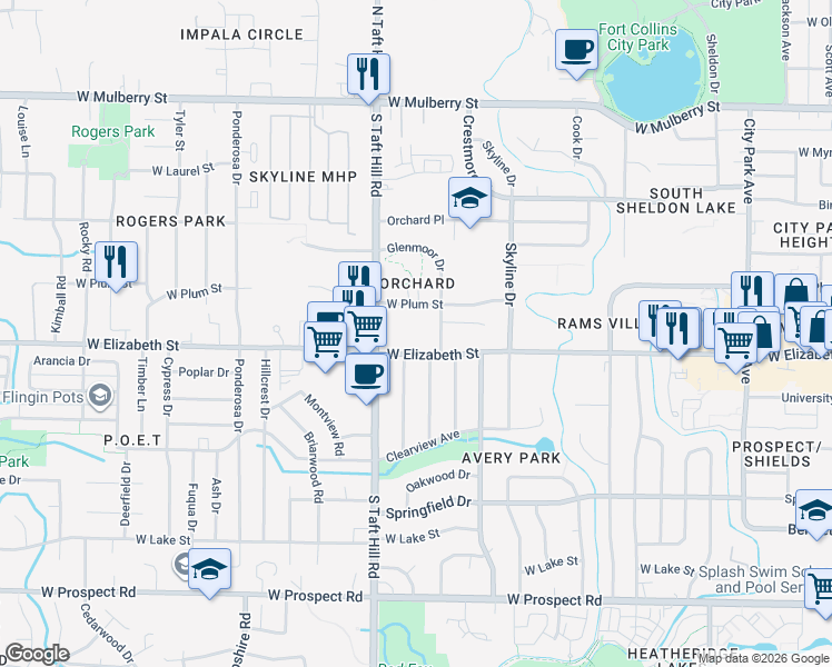 map of restaurants, bars, coffee shops, grocery stores, and more near 921 Glenmoor Drive in Fort Collins