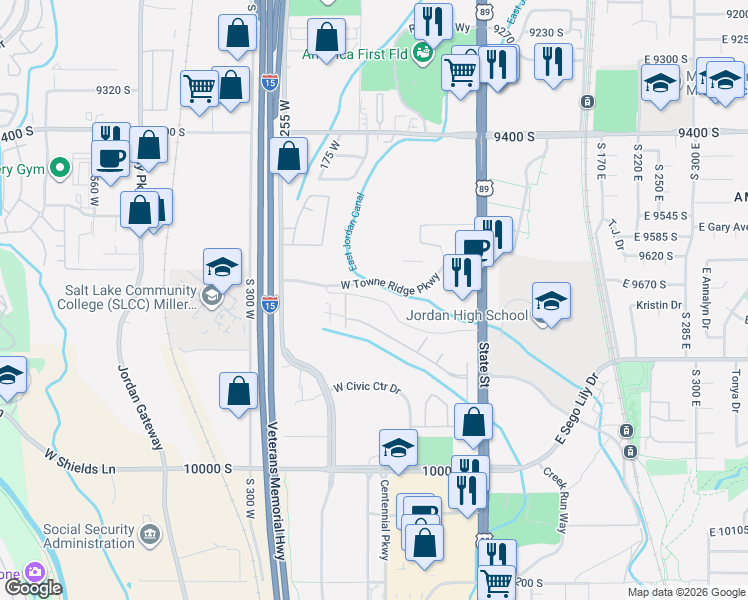 map of restaurants, bars, coffee shops, grocery stores, and more near 160 Albion Village Way in Sandy