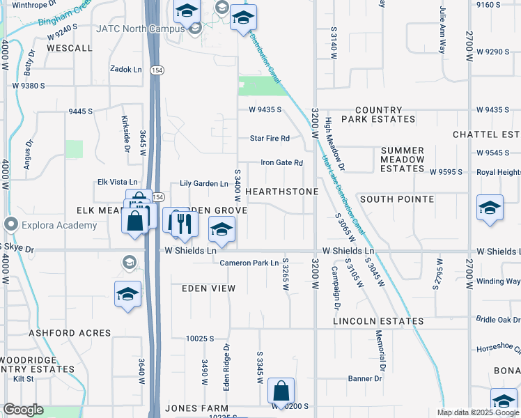 map of restaurants, bars, coffee shops, grocery stores, and more near 9706 Hearthstone Circle in South Jordan
