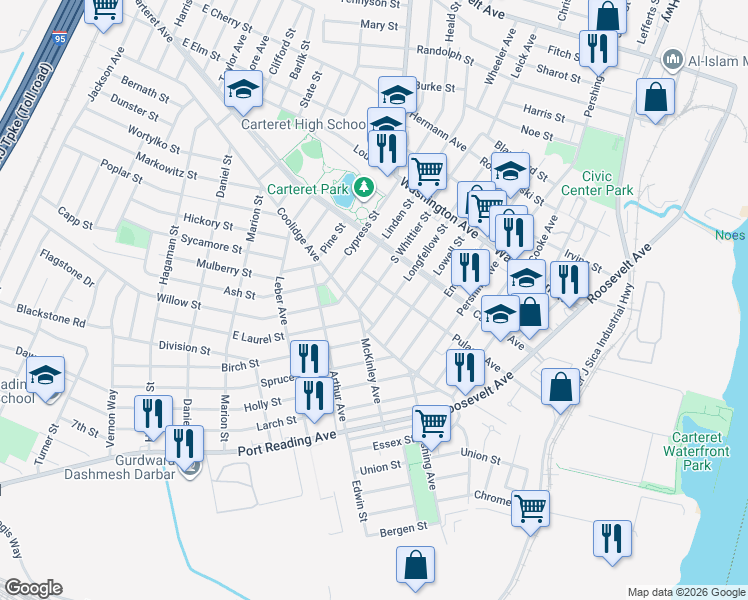 map of restaurants, bars, coffee shops, grocery stores, and more near 25 Longfellow Street in Carteret