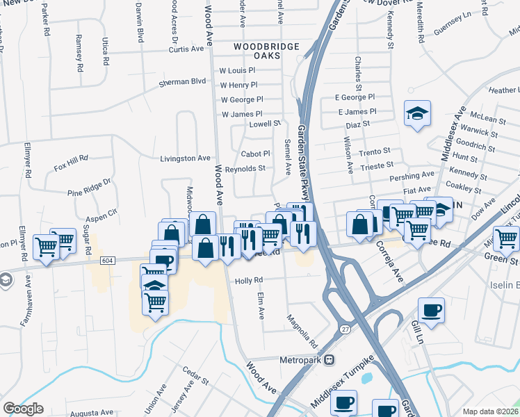 map of restaurants, bars, coffee shops, grocery stores, and more near 38 Avon Terrace in Woodbridge Township
