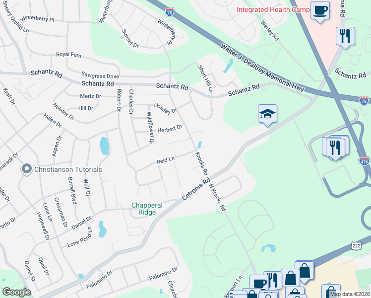map of restaurants, bars, coffee shops, grocery stores, and more near 5519 Reid Lane in Allentown