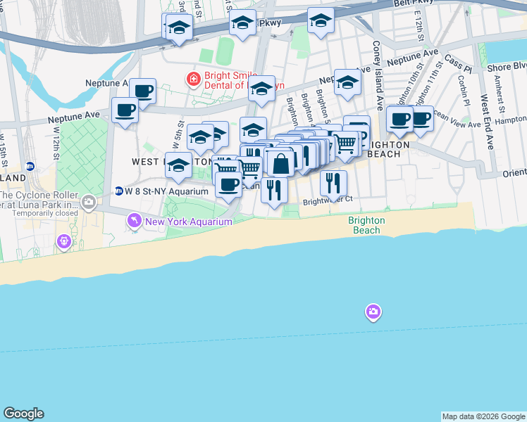 map of restaurants, bars, coffee shops, grocery stores, and more near 201 Brighton 1st Road in Brooklyn