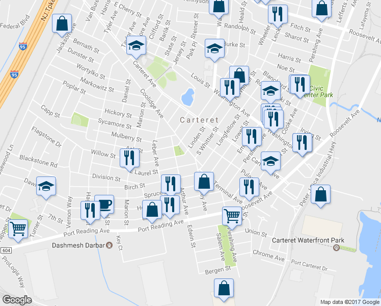 map of restaurants, bars, coffee shops, grocery stores, and more near 13 Coolidge Avenue in Carteret