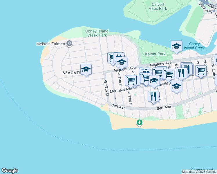 map of restaurants, bars, coffee shops, grocery stores, and more near 3623 Mermaid Avenue in Brooklyn