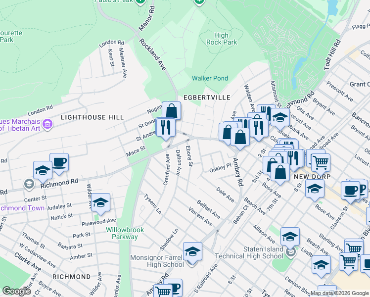 map of restaurants, bars, coffee shops, grocery stores, and more near 27 Ebony Street in Staten Island