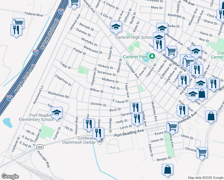 map of restaurants, bars, coffee shops, grocery stores, and more near 60 Marion Street in Carteret