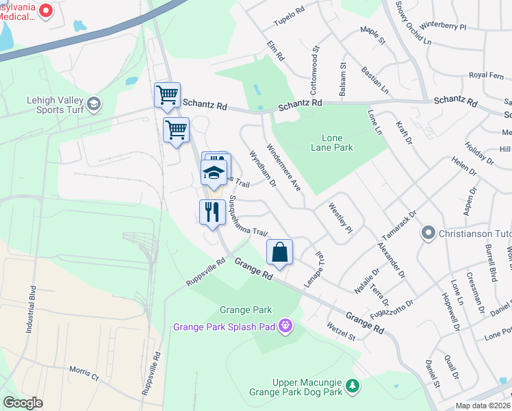 map of restaurants, bars, coffee shops, grocery stores, and more near 248 Lenape Trail in Allentown