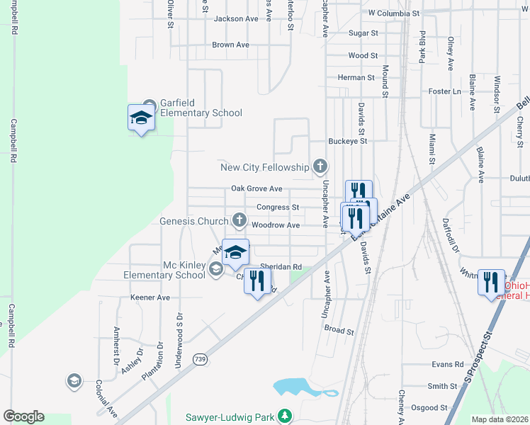 map of restaurants, bars, coffee shops, grocery stores, and more near 870 Woodrow Avenue in Marion