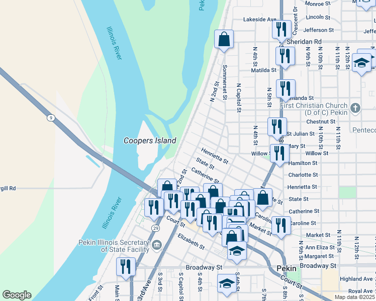 map of restaurants, bars, coffee shops, grocery stores, and more near 129 State Street in Pekin
