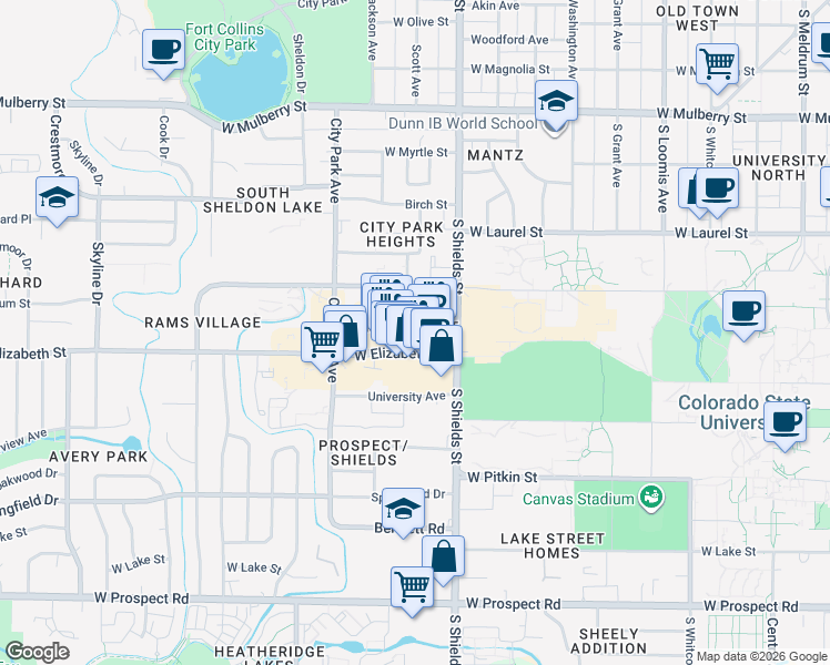 map of restaurants, bars, coffee shops, grocery stores, and more near 1208 West Elizabeth Street in Fort Collins