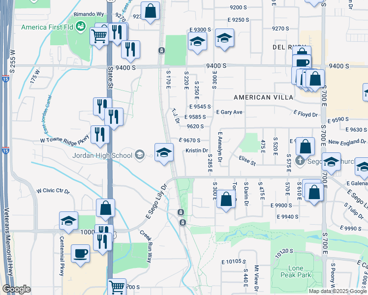 map of restaurants, bars, coffee shops, grocery stores, and more near 129 South 180 East in Sandy