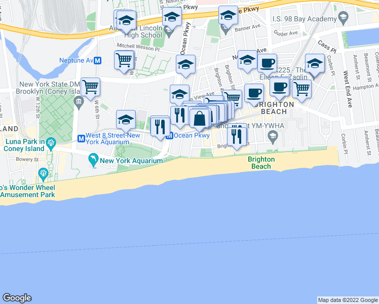 map of restaurants, bars, coffee shops, grocery stores, and more near 201 Brighton 1st Road in Brooklyn