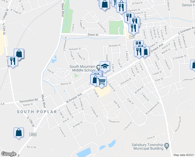 map of restaurants, bars, coffee shops, grocery stores, and more near 709 West Emaus Avenue in Allentown