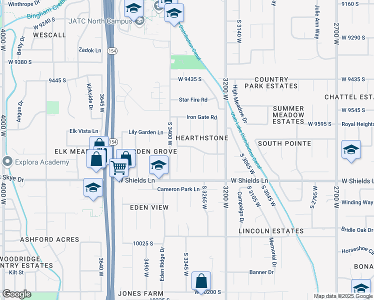 map of restaurants, bars, coffee shops, grocery stores, and more near 9706 Hearthstone Circle in South Jordan