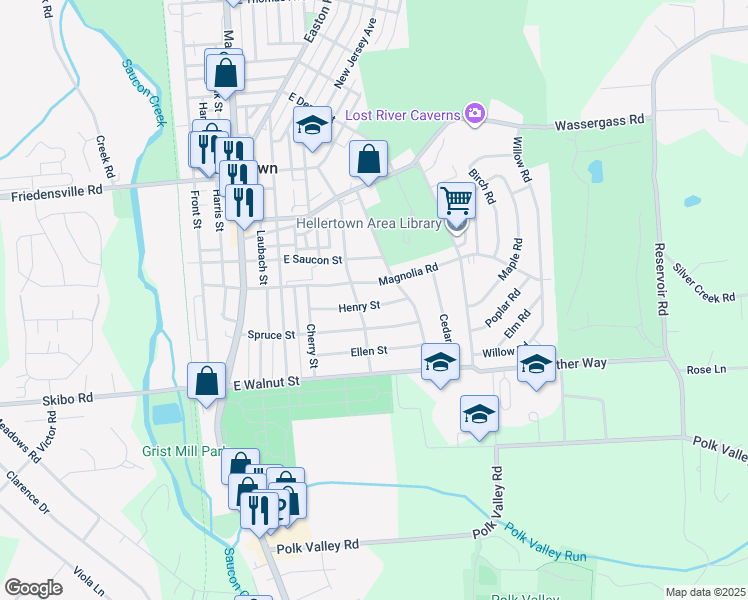 map of restaurants, bars, coffee shops, grocery stores, and more near 517 Henry Street in Hellertown