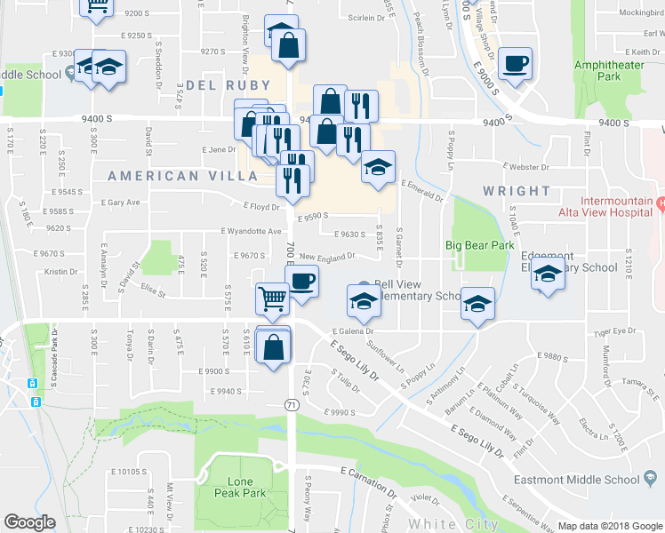 map of restaurants, bars, coffee shops, grocery stores, and more near 766 New England Drive in Sandy