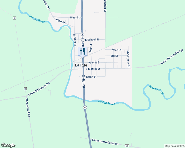 map of restaurants, bars, coffee shops, grocery stores, and more near 165 South Chestnut Street in La Rue