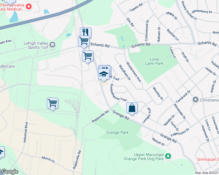 map of restaurants, bars, coffee shops, grocery stores, and more near 196 Susquehanna Trail in Allentown