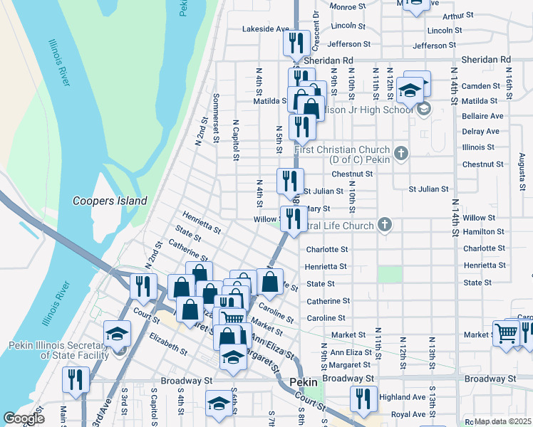 map of restaurants, bars, coffee shops, grocery stores, and more near 405 Willow Street in Pekin