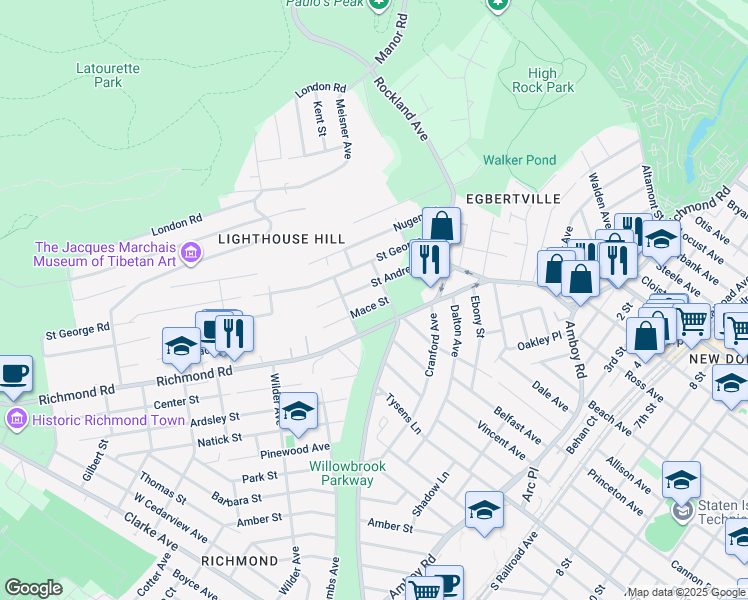map of restaurants, bars, coffee shops, grocery stores, and more near 43 Mace Street in Staten Island