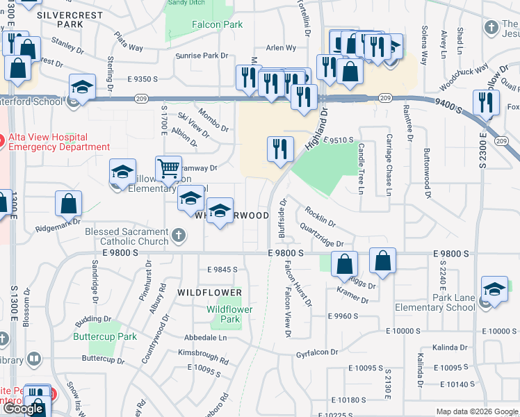 map of restaurants, bars, coffee shops, grocery stores, and more near 9700 Highland Drive in Sandy