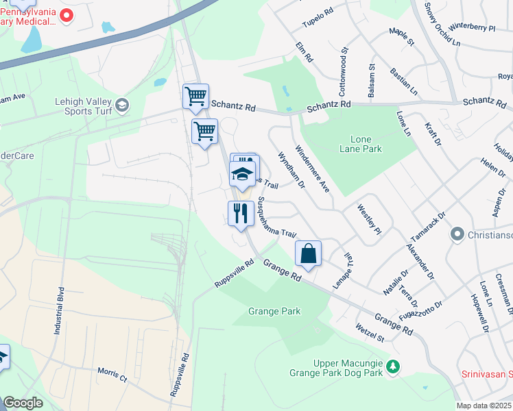map of restaurants, bars, coffee shops, grocery stores, and more near 196 Susquehanna Trail in Allentown