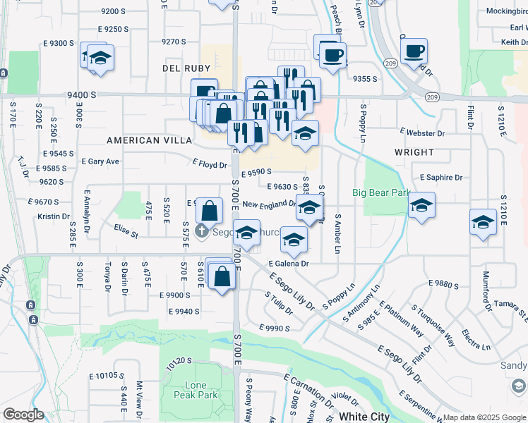 map of restaurants, bars, coffee shops, grocery stores, and more near 766 New England Drive in Sandy